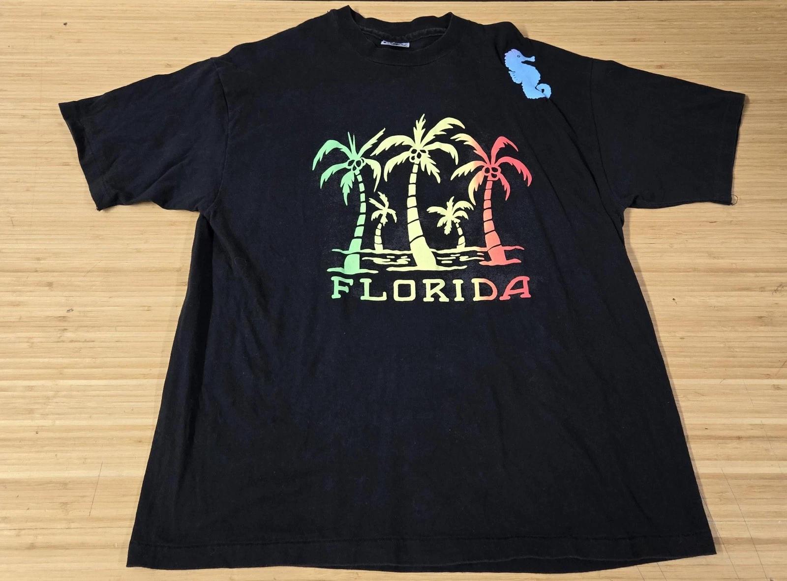 Vintage Florida Shirt Mens XL Black Palm Trees Rainbow Graphic Made USA 90s L