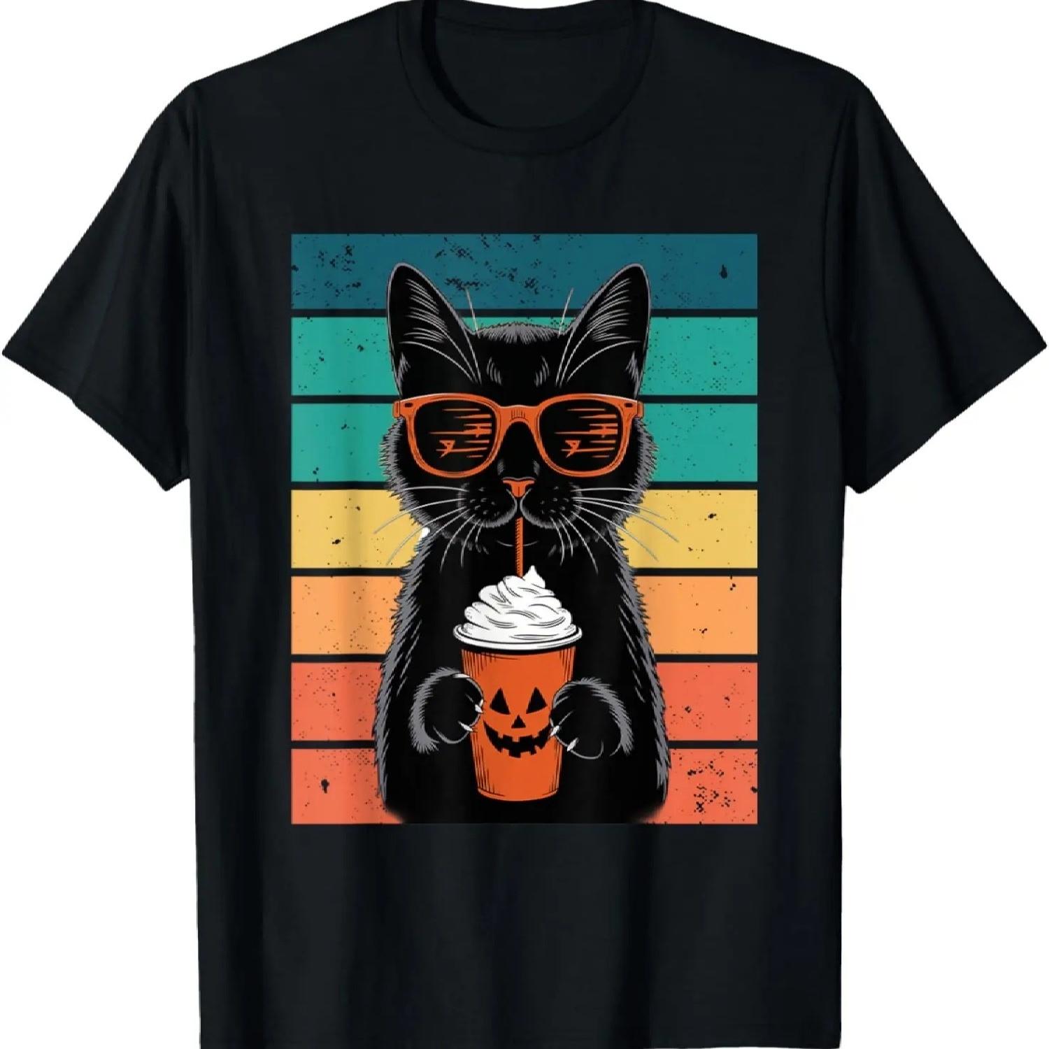 Черный кот Хипстер Хэллоуин Забавная футболка с черным котом S