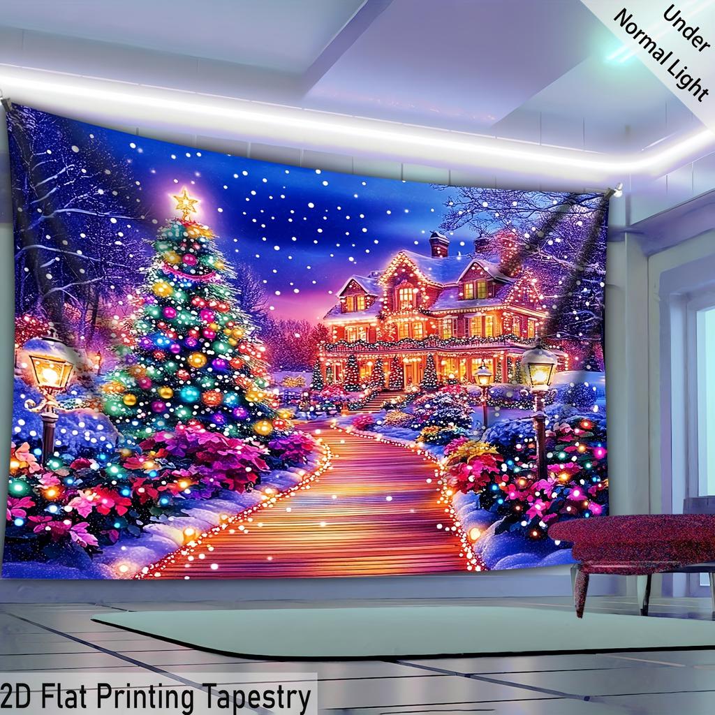 Christmas Fairy Tale Castle Street Fluorescent Tapestry Outer Space UV BlackLight Tapestry, Wall Hanging For Living Room Bedroom Office Home Decor