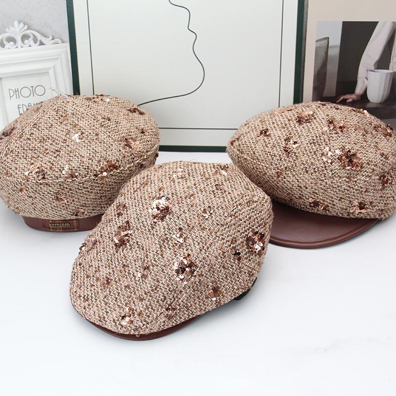 South Korea's new tweed Bere octagonal hat autumn and winter fashion small fragrant style sequined newsboy hat star forward hat