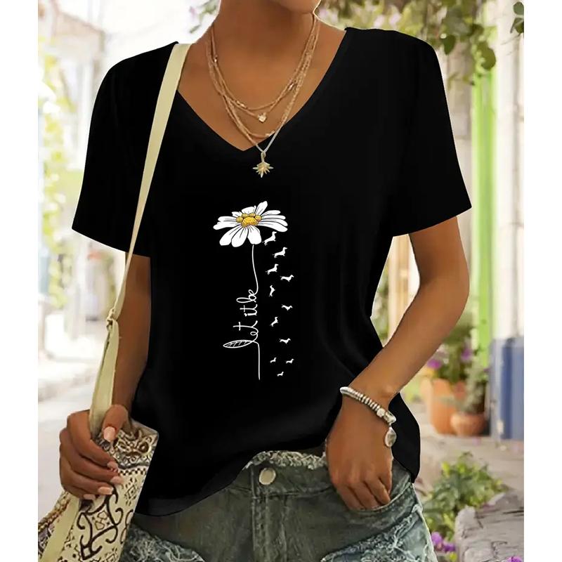 

Fashion Flower Pattern Painting Blouses Short Sleeved V-Neck T Shirts Casual XS чорний