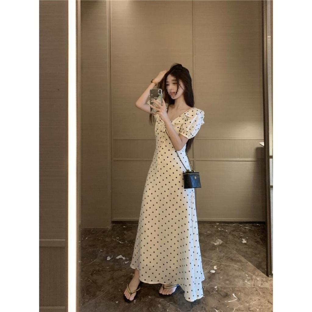 French lace-up bubble sleeve polka dot dress women's summer new ruffle edge waist thin chic temperament long dress