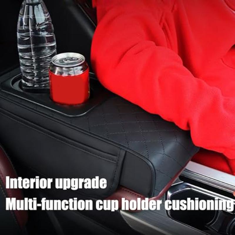 Upgrades Leather Auto Armrest Cover with Built In Drink Holder & Smartphone Stand Vehicle Console Lid for Long Trip