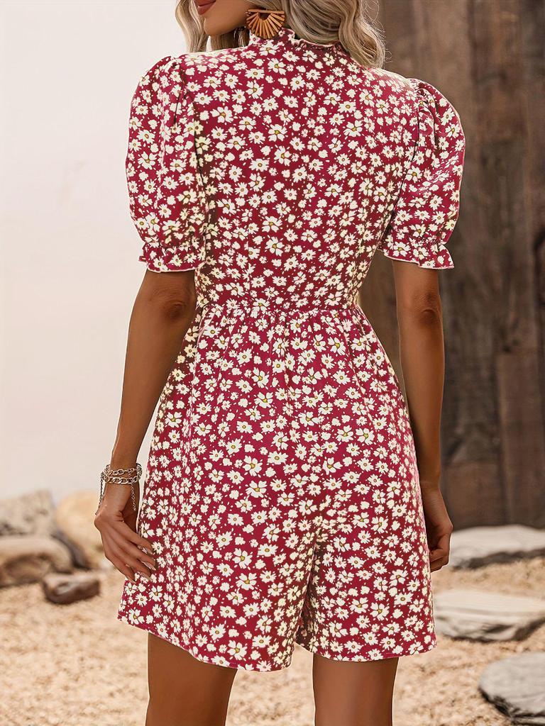 Temu Women's Daisy Print Puff Sleeve Jumpsuit - Fashionable Holiday Wear