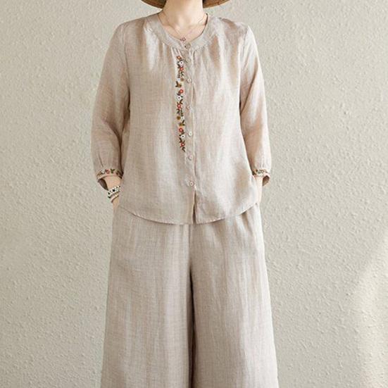 2ks/Sada Dámský Ležérní Outfit Kulatý Výstřih 3/4 Rukávy Výšivka Květinový Vzor Košile Široké Nohavice Dlouhé Kalhoty Sada Denní Nošení