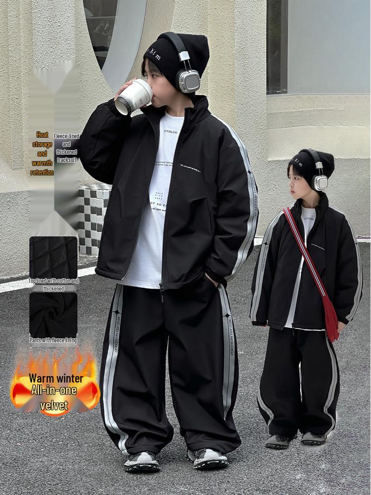 2025 Autumn/Winter Boys' Trendy Fleece Two-Piece Sports Set