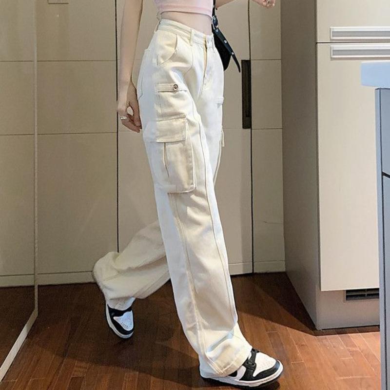 Blugi drepte cargo pentru femei, toamnă, ocazional, vintage, pantaloni din denim cu talie înaltă, pantaloni largi, design coreean, pantaloni largi, stil Y2k