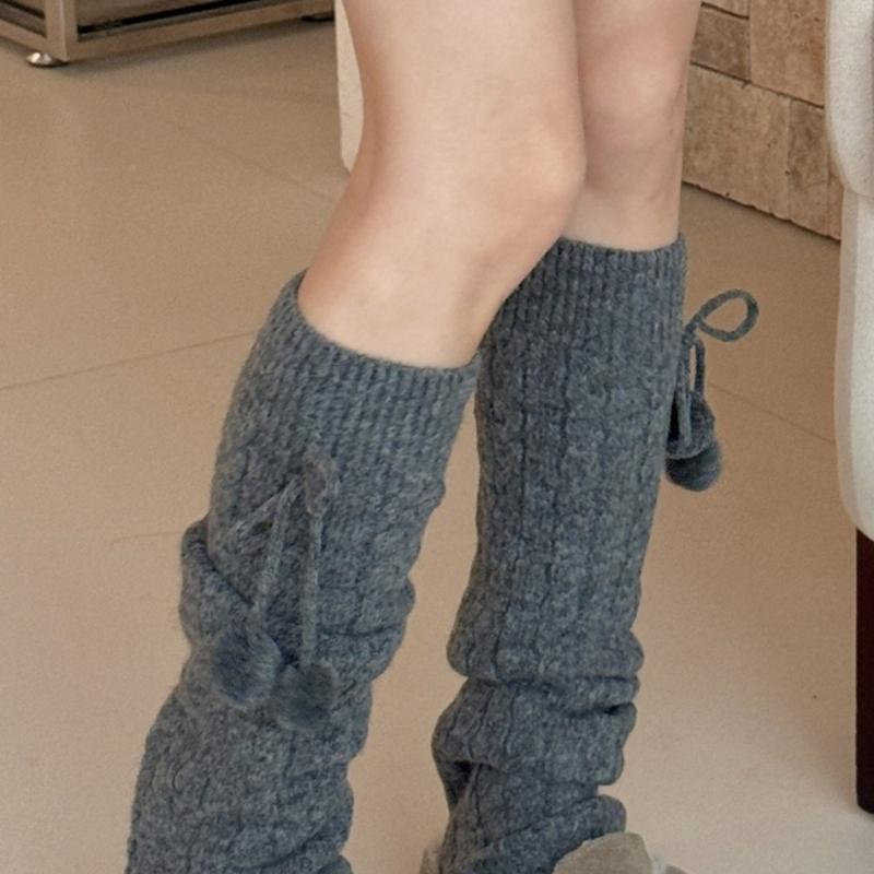Fashionable Plush Balls Bows Adorned Leg Warmers for Women's Cable Knitted Stretchy Leg Covers Sleeves Calf Socks