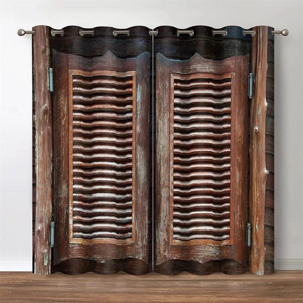 Retro Country Style Light Filtering Colour Wooden Door Patterned Curtains Farm Barn Retro Style Background Window Drapes for Living Room Bedroom