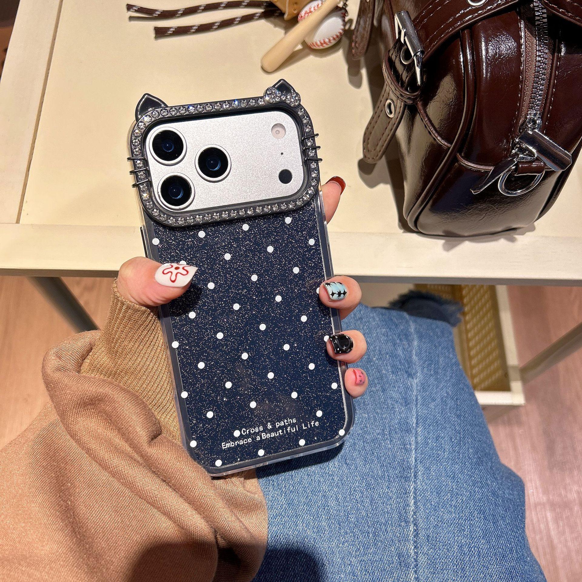 Korean Style Polka Dot Glitter Case for iPhone 16 Pro Max, Apple 17 Cat Ear Lens Frame 14/15 17Pro max(without Packagi