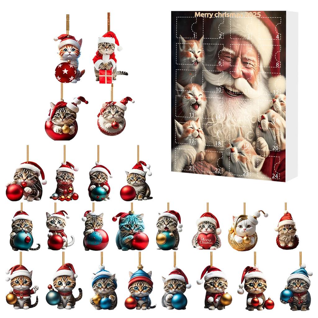 Christmas Tree Decorations with Santa Hats Kitten Countdown Calendar Acrylic Hanging Cat Ornaments for Kids Toddlers Xmas Gifts
