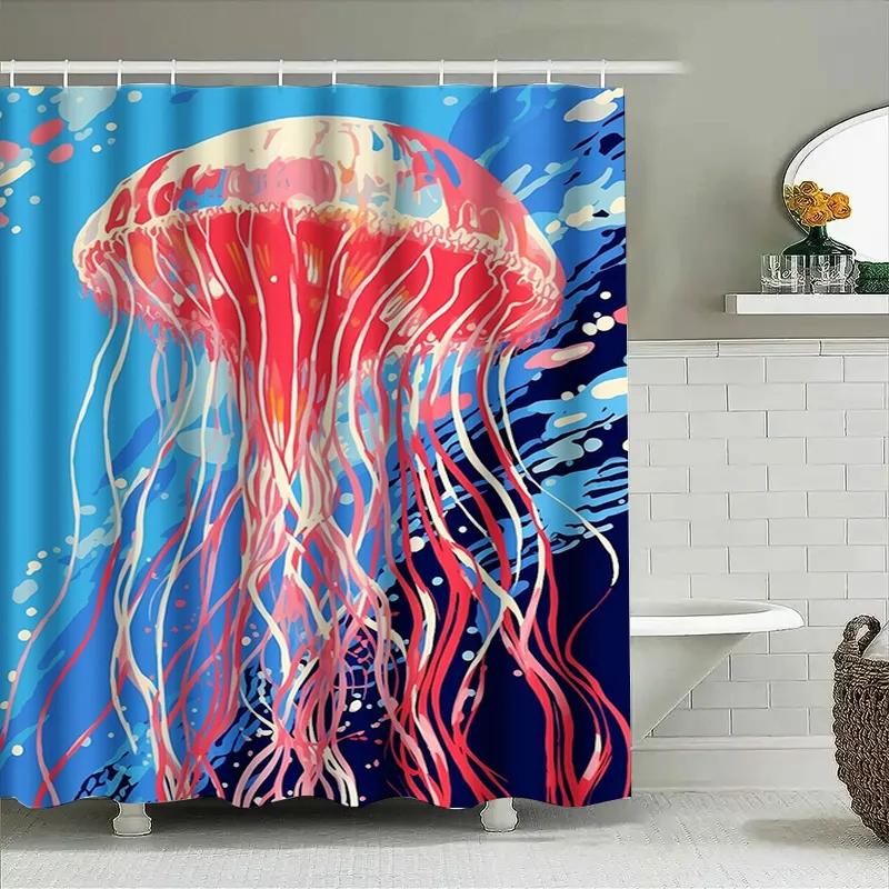 Stylish Jellyfish Shower Curtain For Bathroom Decor Waterproof Fabric With Blue Background Red White Streamers Design