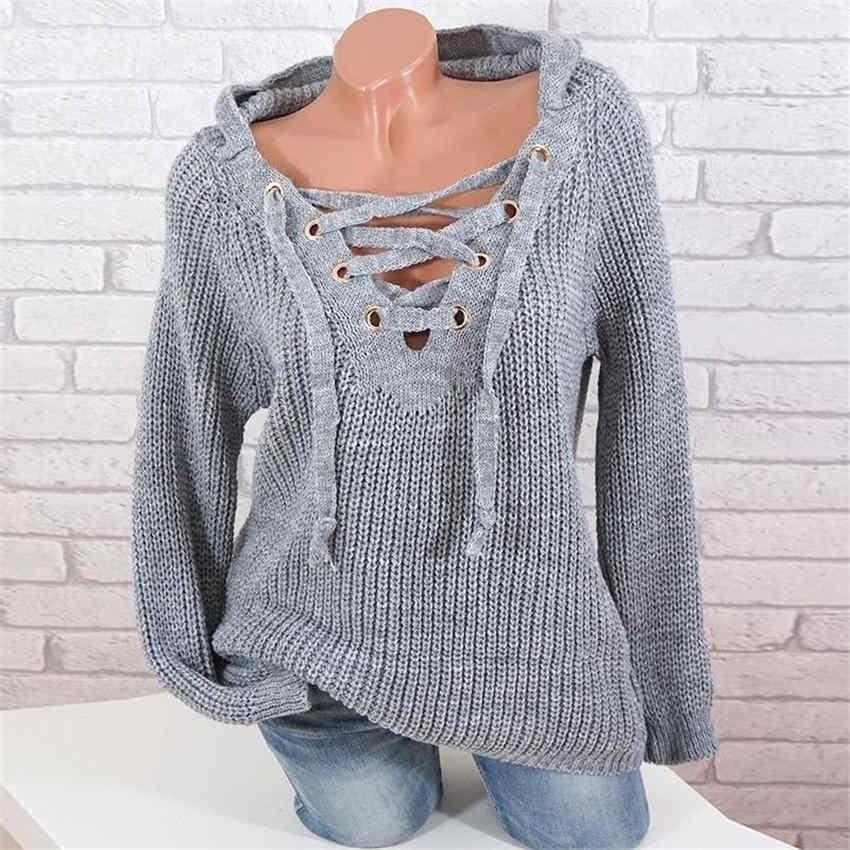 Women's Long Sleeve Hooded Pullover Fashion Autumn/Winter V-neck Sweaters Knitted Tops