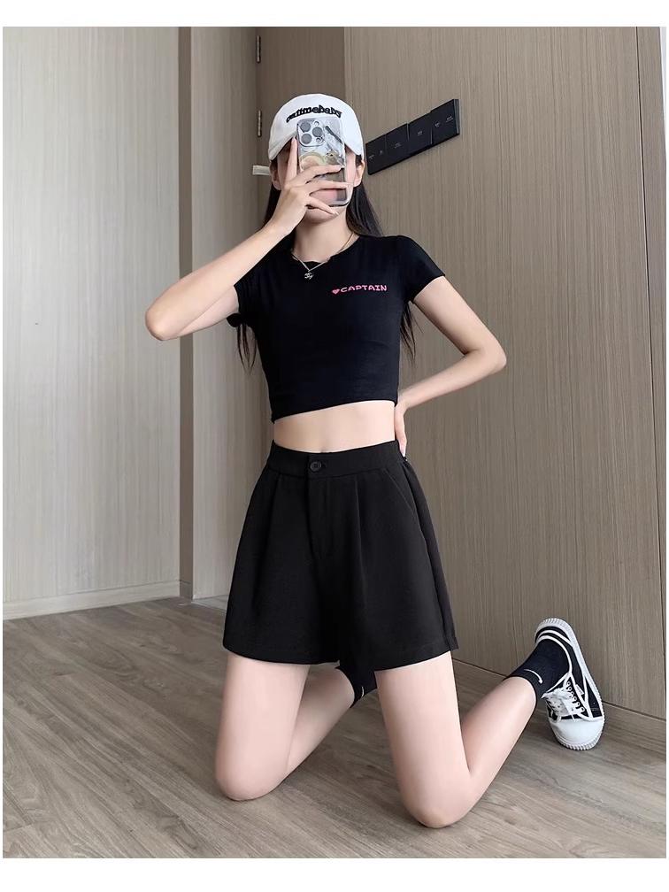 Women's 2024 French A-Line Black Summer Shorts - High Waist, Thin, Loose, Wide-Leg Design