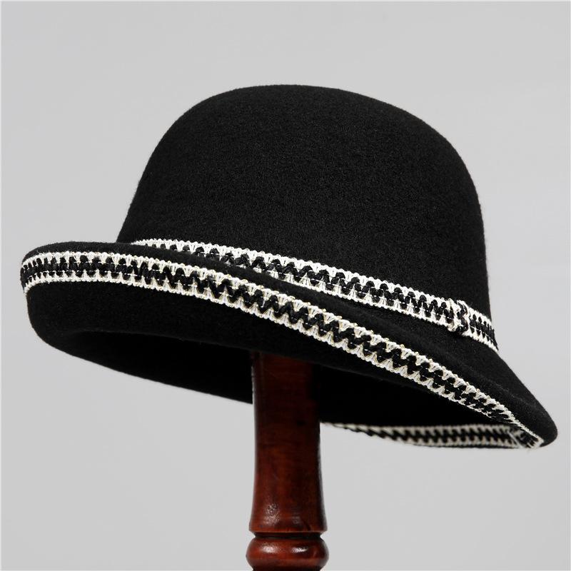 

Retro contrasting webbing upturned top hat, elegant warm wool knitted fisherman s basin hat in autumn and winter M（56-58cm）