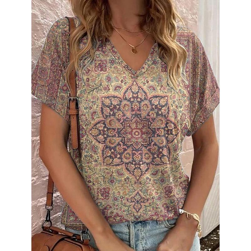 Vintage Medallion Boho Print Casual T Shirt V Neck Short Sleeve Tee For Women Summer Country And Holiday Outfits