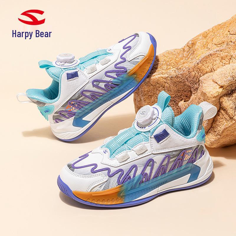 Habi Xiong Boys' Lightweight Leather Basketball Shoes with Rotary Buckle - Perfect for Spring and Autumn Campus and Casual Wear