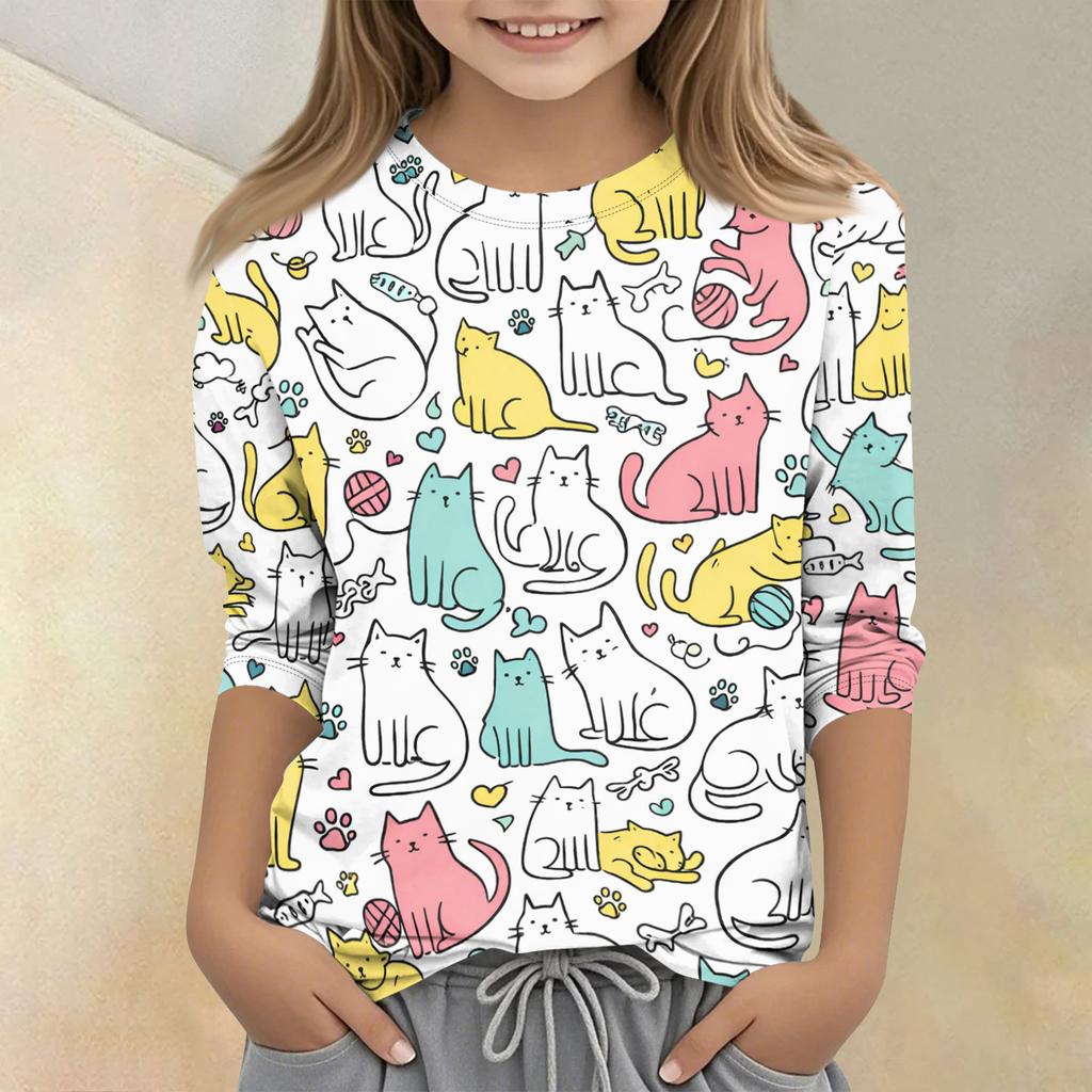 Children's Printed Round Neck Seven Quarter Sleeve Casual T-shirt