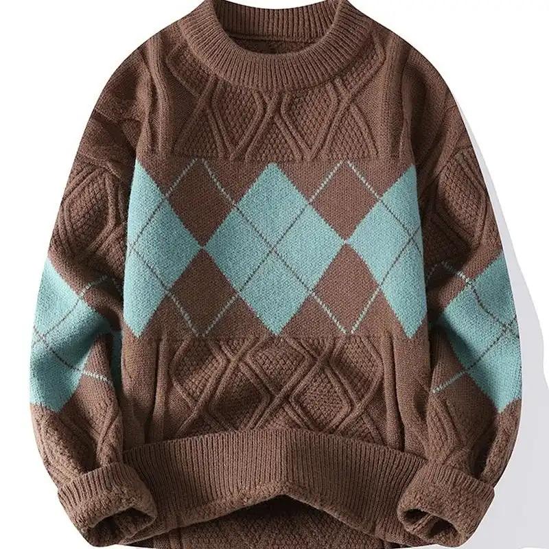 Contrast Color Long-sleeved Sweater Autumn and Winter Loose Bottoming Thickened Round Neck Men's Knitted Sweater Top