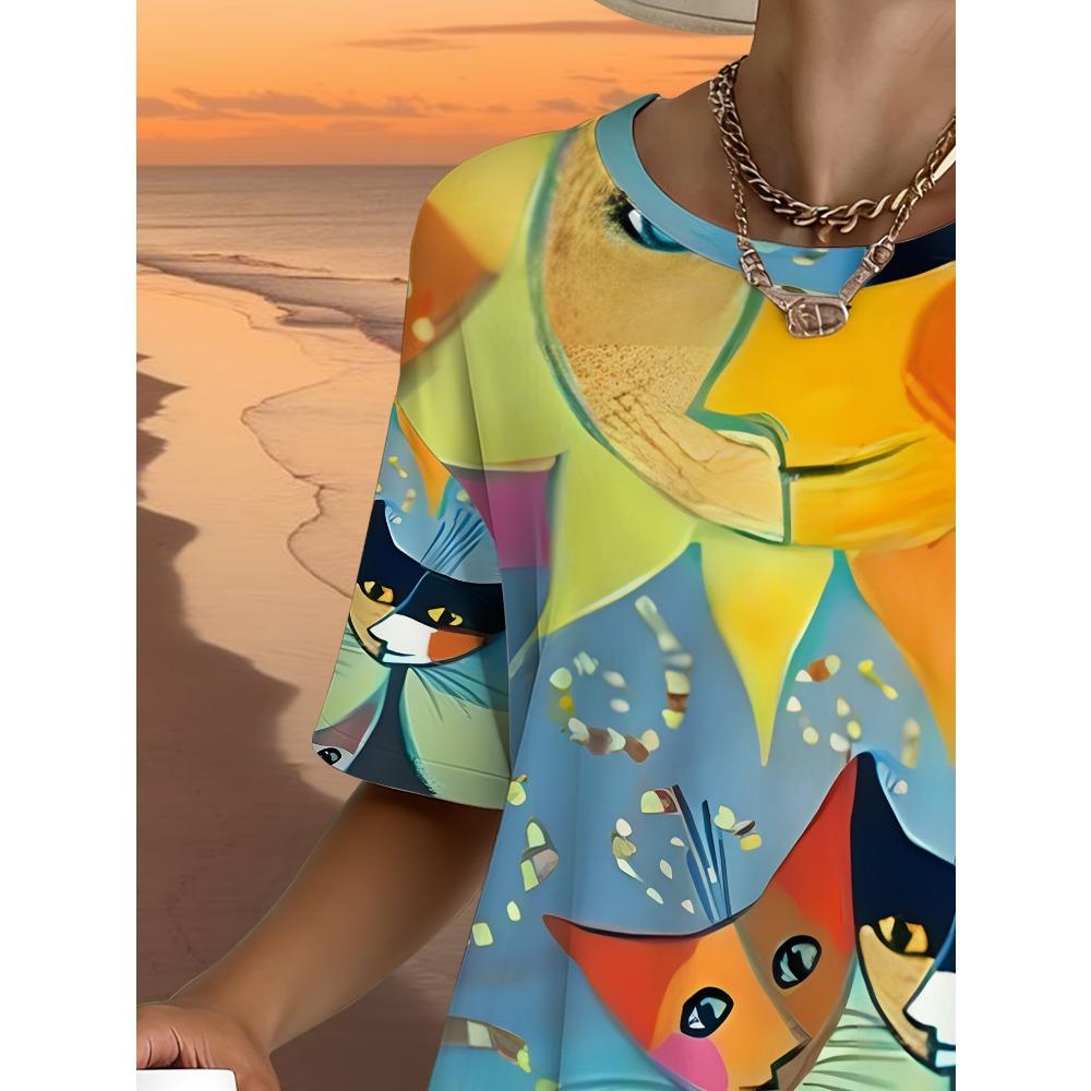 Women's Loose Fit Short Sleeve T-Shirt Printed with Colorful Abstract Cat Design Suitable for Daily Commuting