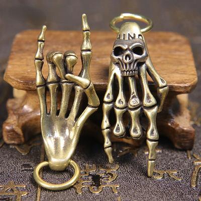 Mini Creative Brass Skull Hand Statue DIY Keychain Necklace Bag Pendant Vintage Pure Copper Decoration Ornament Funny Toy Gift