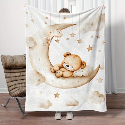 VIKAMA  Personalized Bear On Moon Throw Blanket - Custom Name, Soft Flannel All-Season Lightweight Blanket for Bed, Sofa Travel