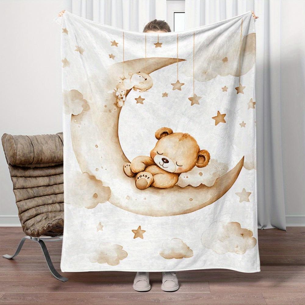 VIKAMA Personalized Bear on Moon Throw Blanket - Custom Name, Soft Flannel All-Season Lightweight Blanket for Bed, Sofa Travel