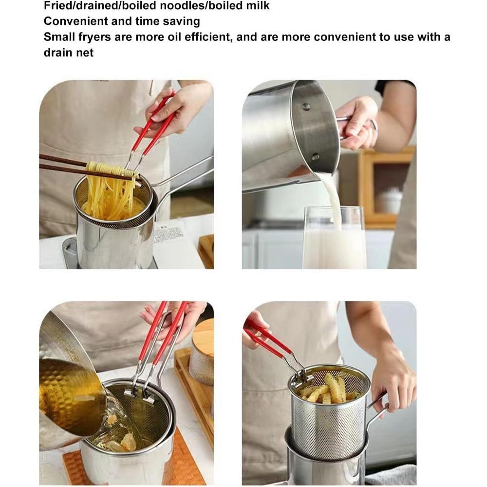 Small Deep Fryer Pot with Basket, Mini Deep Oil Fryer, 304 Stainless Steel Gadgets with Anti Scalding Silicone Handle