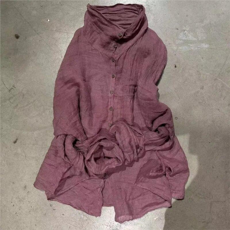Johnature Kvinner Vintage rullekrave linskjorter Ensfargede Langermede knappoverdeler Høstknapp Uformelle dameskjorter