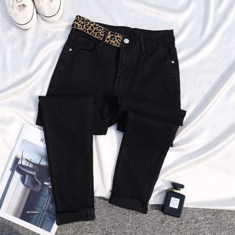 Spliced Leopard Print Stretch High Waist Tight Look Slim Hairy Edge Pencil Foot Pants Winter