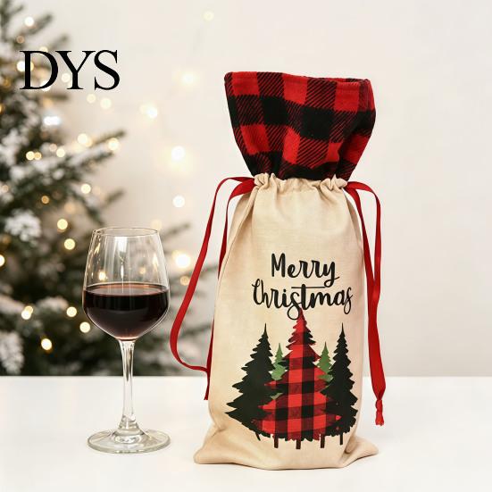 Christmas Party Table Decorations Wine Gift Bag, Reusable Burlap Bottle Cover with Drawstring, Plaid Bags Xmas Tree Gnome Truck Print Sleeves