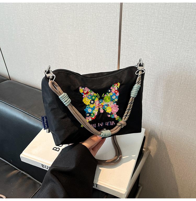 Embroidery Zipper Shoulder Bag Women's Niche Design Small Fresh Fashion Large Capacity Portable Storage Bag Toilet Bag