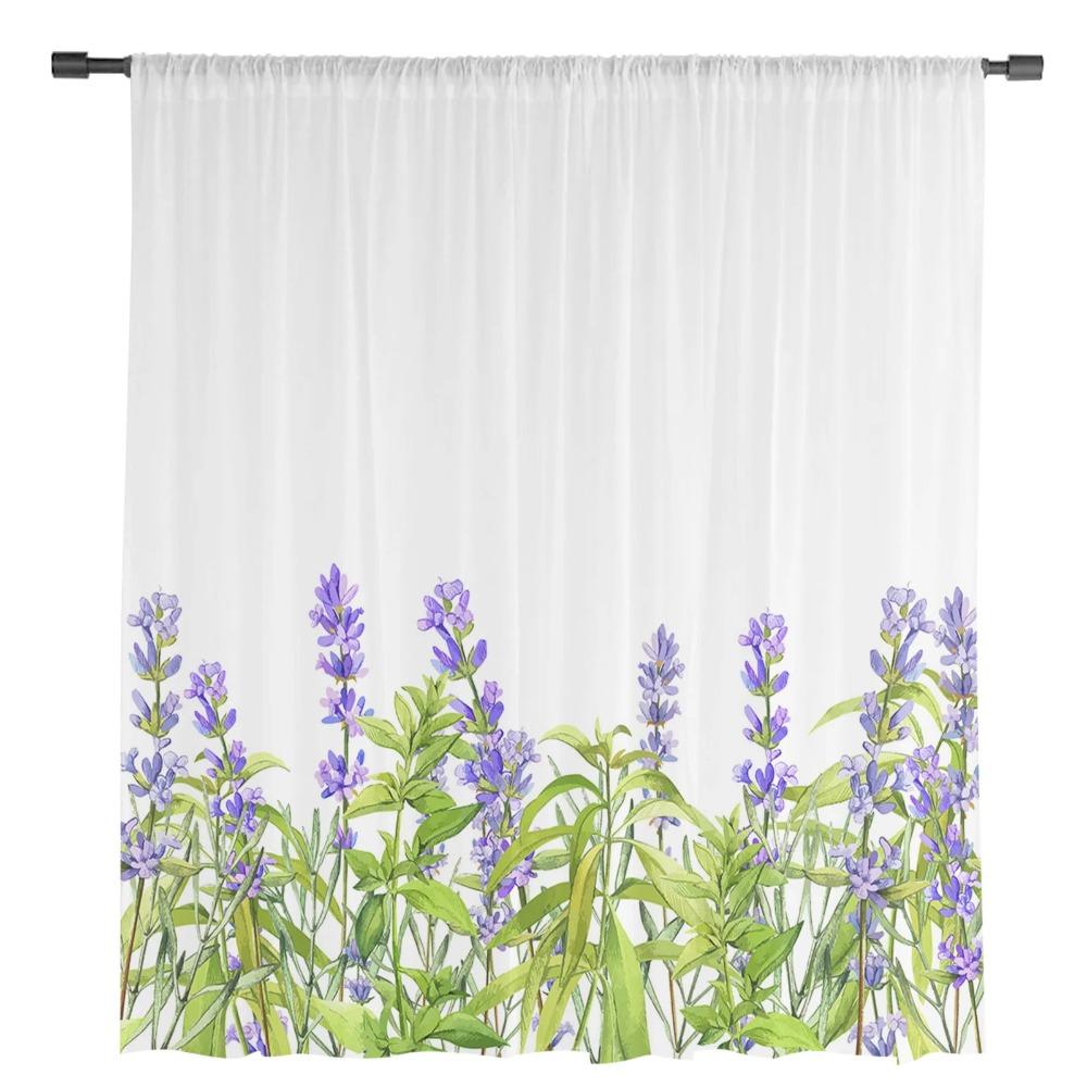 Pflanzen Lavendel Blume Lila Weiß Gardinen für Wohnzimmer Dekoration Fenster Vorhang Küche Tüll Voile Organza Vorhänge