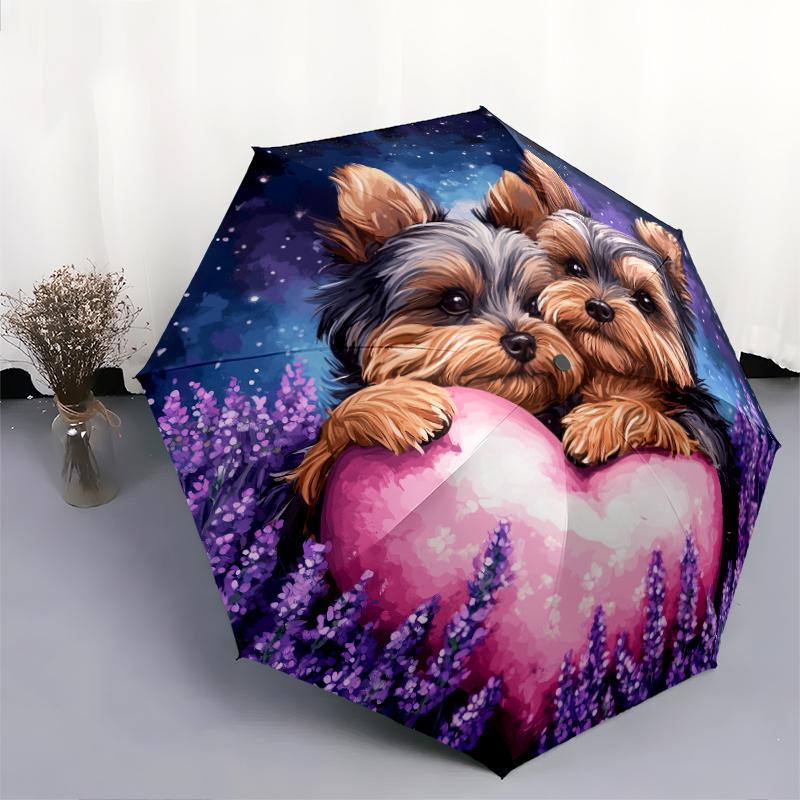 Yorkshire Terrier and Heart pattern, automatic folding umbrella, portable and foldable design, 8 ribs, a Christmas or birthday gift.