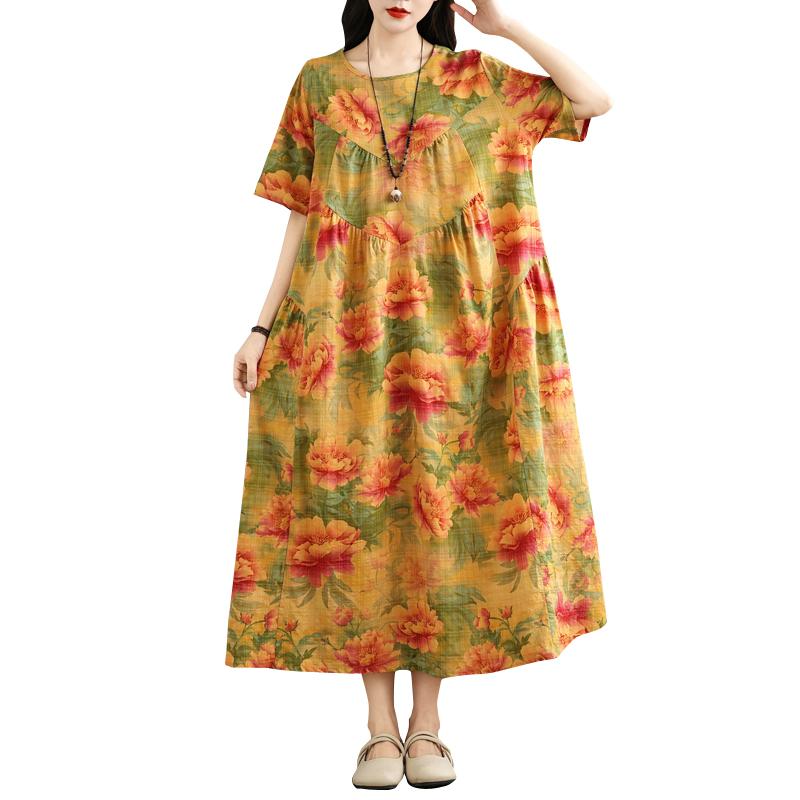 DIMANAF New 2025 Plus Size Summer Dress Women Prinitng Vintage Floral Long Casual O-Neck Dress Loose Dress Maxi