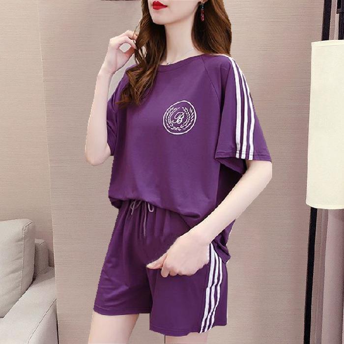 Leisure Sports Outfit - Loose-fitting Fashionable Summer Dress with Short Sleeves and Shorts. Running Suit Set In Two Pieces. Fashionable Summer Wear.