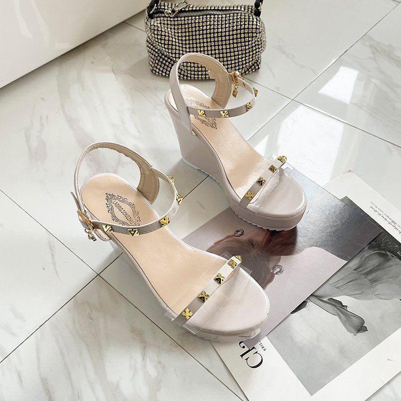 Sandals for Women Wedges Heel Green Super-high Rivet Woman Shoes Summer 2025 Comfortable Footwear New Breathable Fashion Luxury