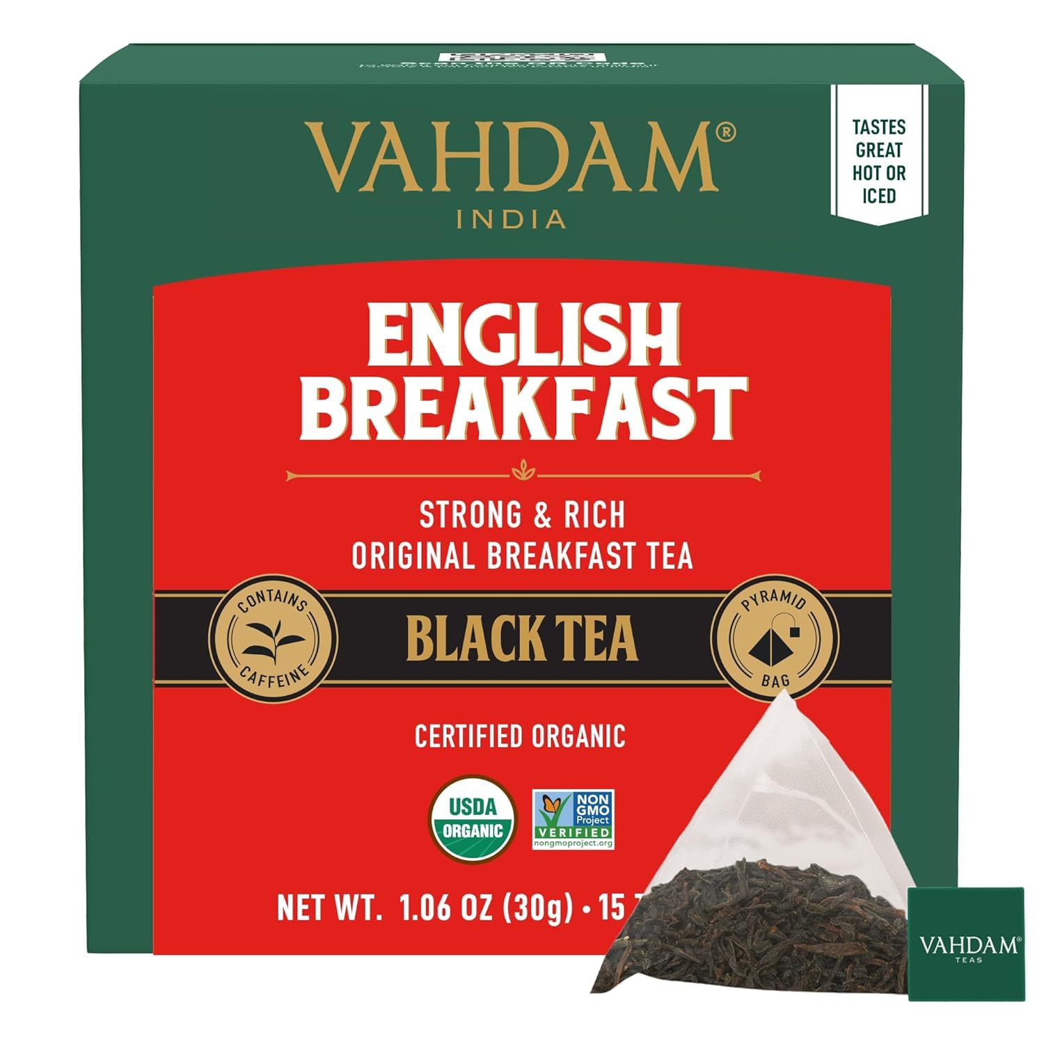 

VAHDAM Organic English Breakfast Black Tea Bags (15 Count) High Caffeine - Coffee Replacement, Gluten Free | Individually Wrapped Pyramid Tea Bags