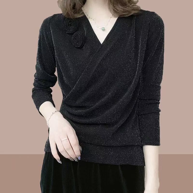 

Spring and Autumn V-neck Knitted Top Versatile Temperament Bottom Top 3XL чорний
