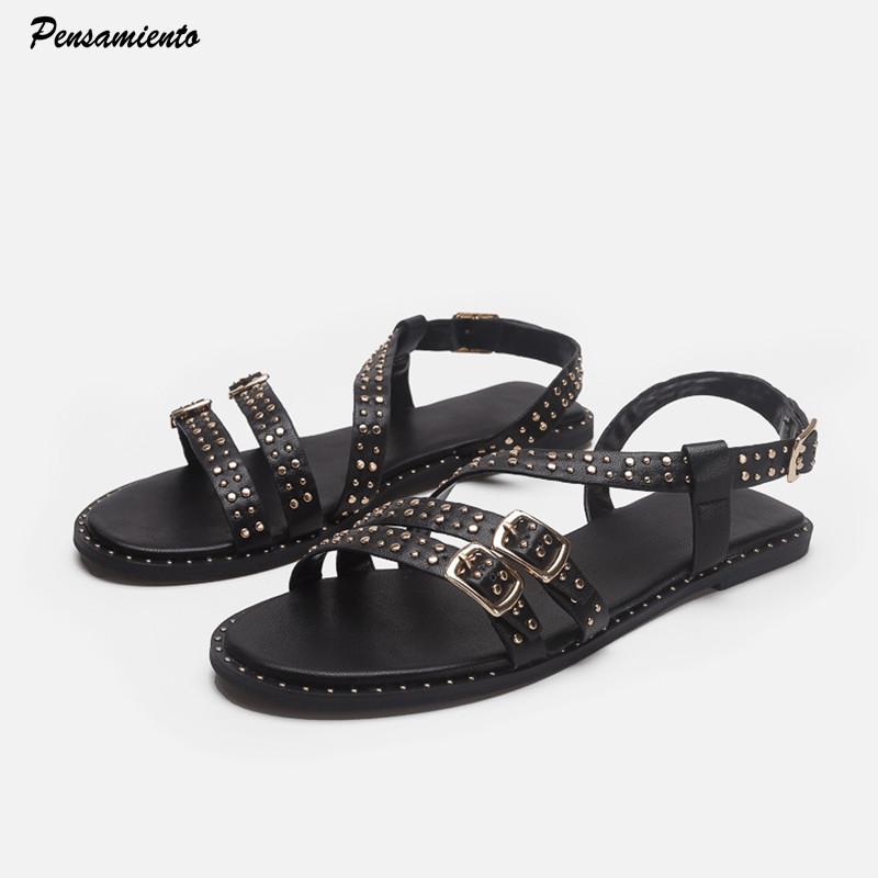 Fashion Ins style Fashion Rivet Strap Buckle Women Flats Sandals 2025 Summer Narrow band Slingbacks Beach Gladiator Sandals Casual Shoes