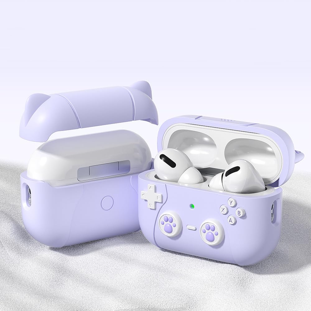 for AirPods 4 Generation Case Cover with Keychain Game Player Design Soft Silicone Case for AirPods Pro2 Charging-Cat Ear Purple