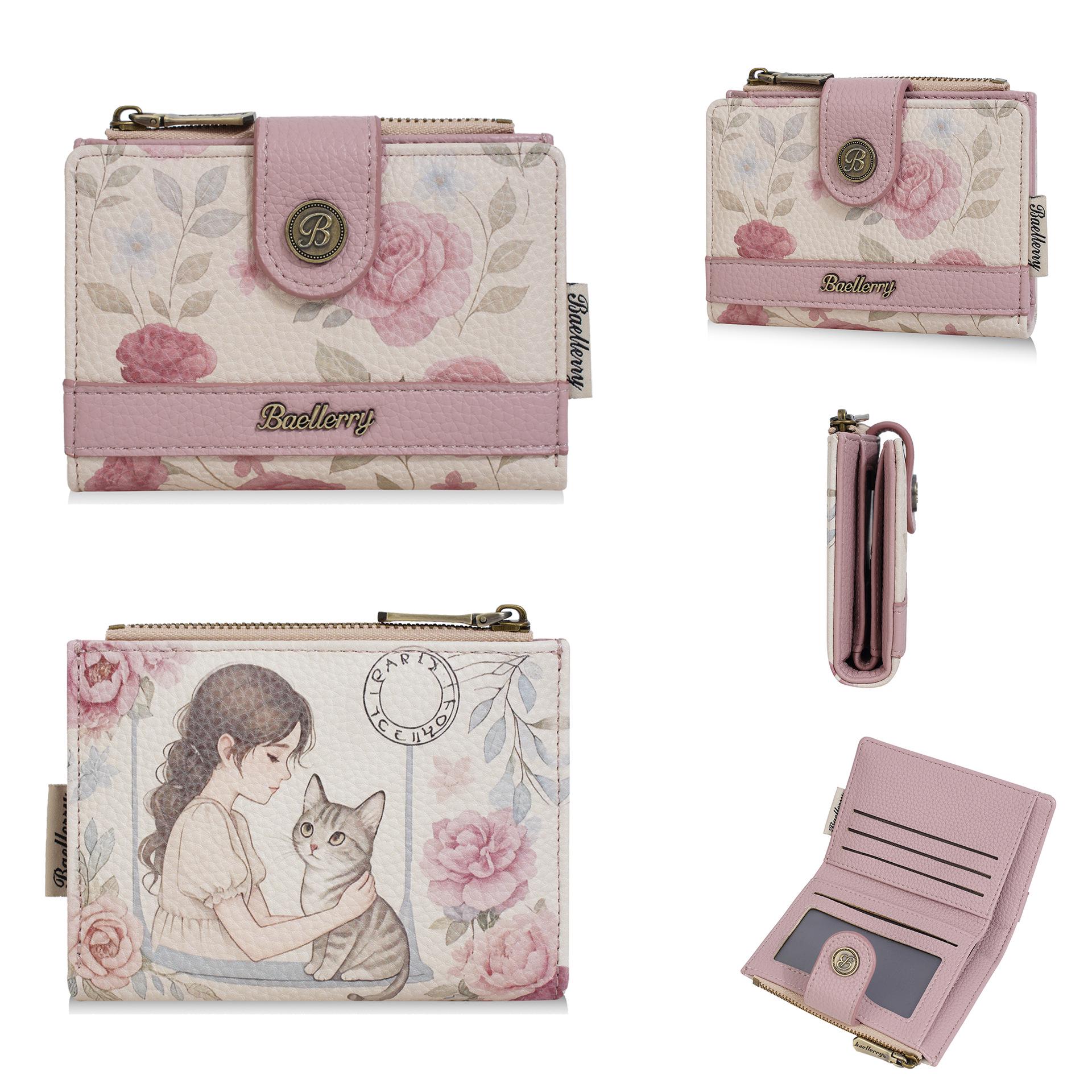 

Новый женский корейский стиль аниме короткий кошелек с множеством отделений для карт и модной застежкой темно-розовый