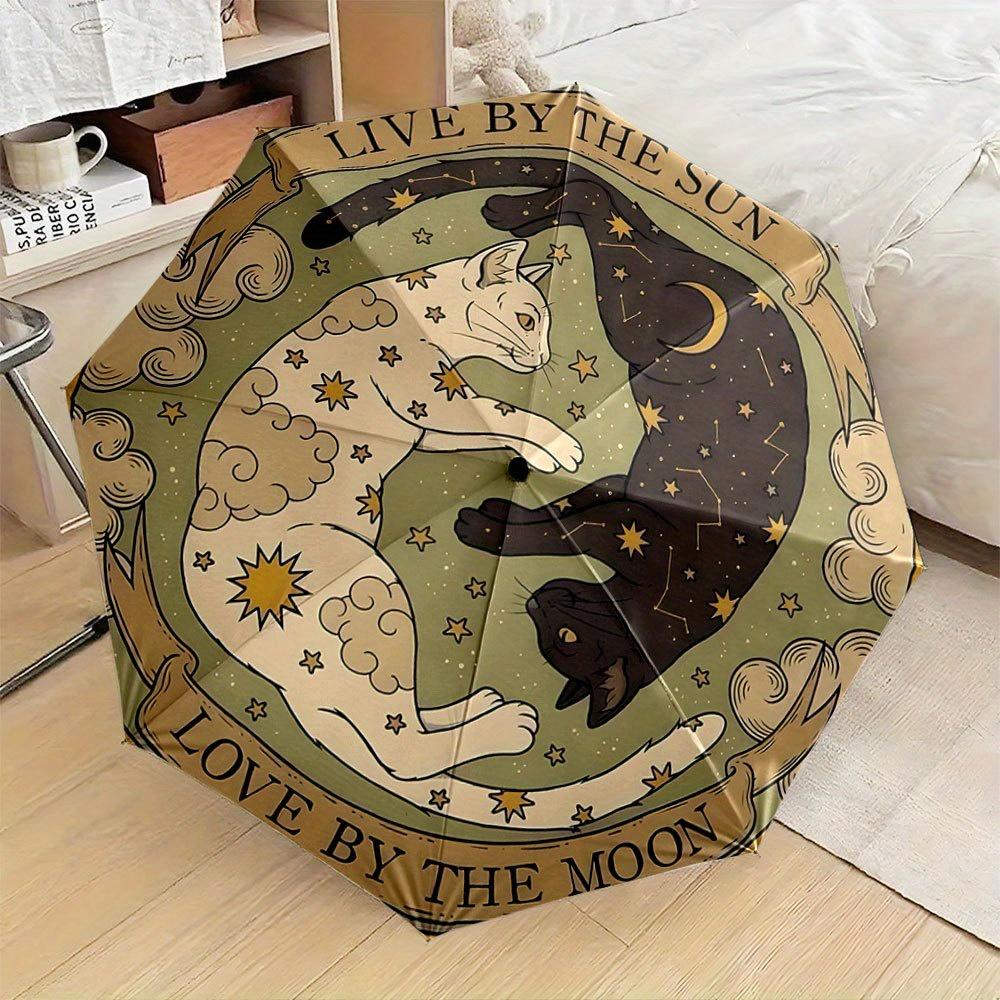 

Women s Open/Close Umbrella - Gothic Celestial Cat & Moon Design with White & Black Cats, Stars & Clouds - Compact Folding Umb Iron&8K