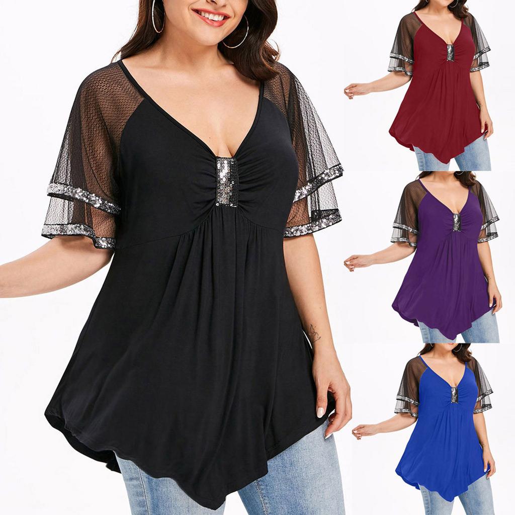 Escote en v lentejuelas brillante camiseta remata la blusa de malla de moda Womens tamaño Glittery comprar a buen precio — entrega gratuita, reseñas reales fotos — Joom