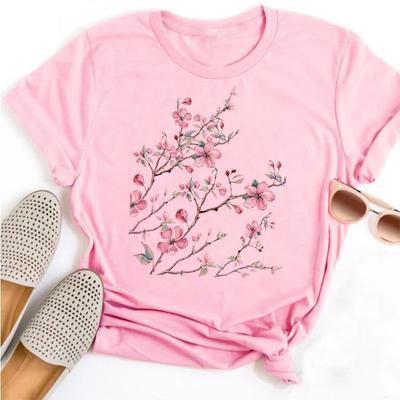 Vackra Dam T-shirts med Blomtryck Casual Andningsbara Mjuka Kortärmade Toppar Lös Bekväm Street Damkläder Rosa T-sh