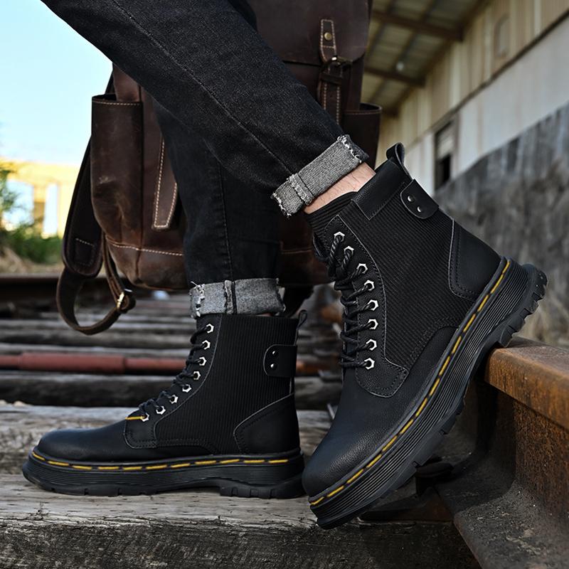 Fashion Men Leather Boots Men High Top Sock Shoes Autumn Winter Comfy Casual Boots Men Shoes Brand Design Motorcycle Men'S Boots