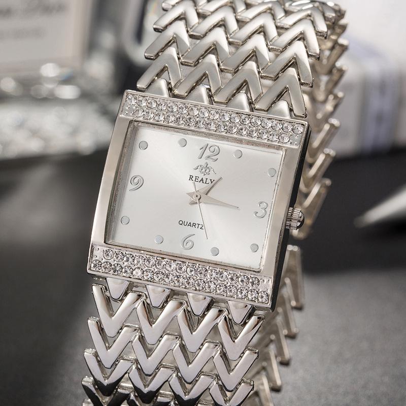 Women's 3D Texture Bracelet Watch with Wide Band & Double Row Czech Diamonds