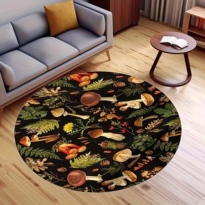 Crystal Velvet carpet2D Flat, 2D Flat Print, Not 3D, Small Mushroom Pattern Round Mat - Soft, Non-slip, Washable Fleece Mat, Wit