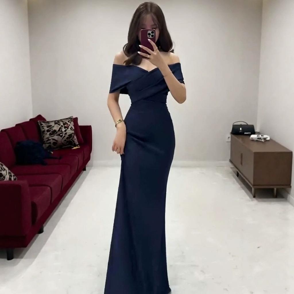European Beautiful Woman Spring and Autumn New One-word Collar Waist Dress Slim Short Sleeve Fishtail Hip Wrap Dress