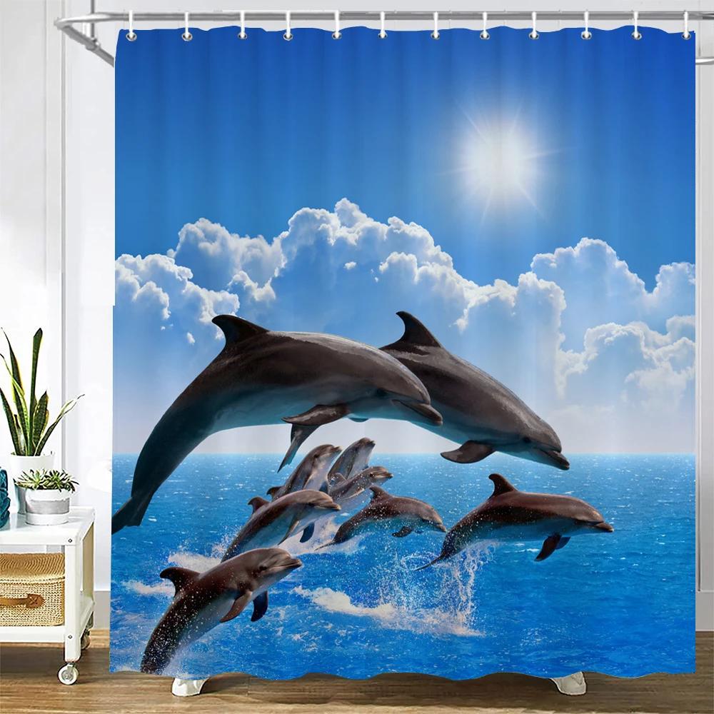 3D Printing Ocean Dolphin Bathroom Shower Curtain Sea Landscape Home Decoration Waterproof Polyester Curtain with Hook Curtain